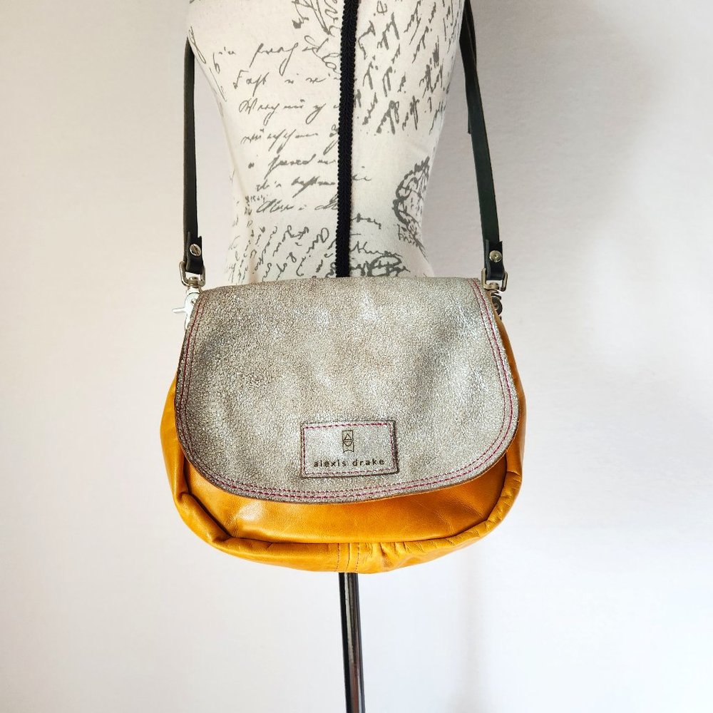 Alexis Drake Mini E Crossbody Bag Leather Silver Glitter Yellow Adjustable Strap